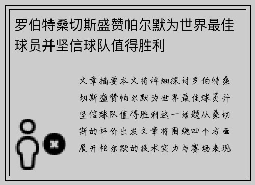 罗伯特桑切斯盛赞帕尔默为世界最佳球员并坚信球队值得胜利