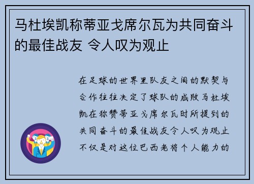 马杜埃凯称蒂亚戈席尔瓦为共同奋斗的最佳战友 令人叹为观止