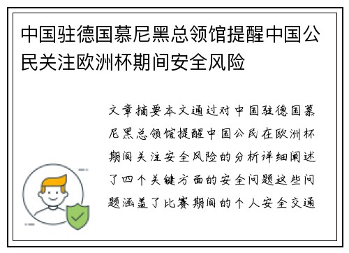 中国驻德国慕尼黑总领馆提醒中国公民关注欧洲杯期间安全风险